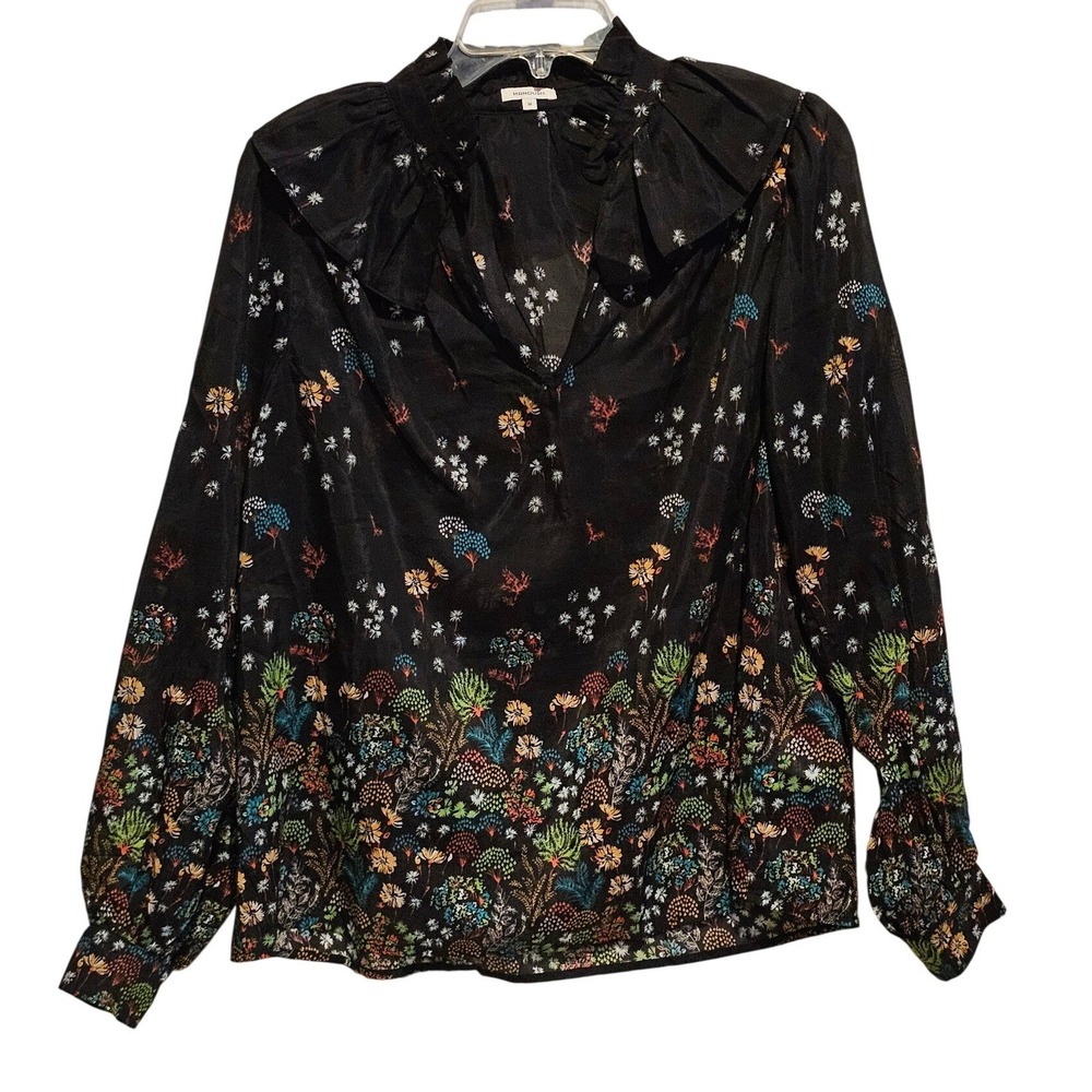 MANOUSH Black Floral Ruffle Neck Long Sleeve Blouse Top‎ Size 4 MH6AVTO